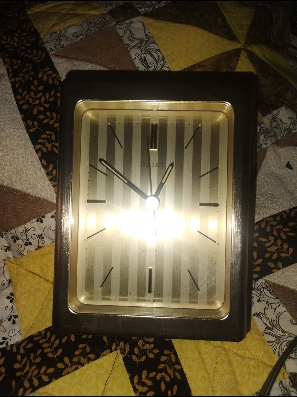 Vintage Seiko Gold and Brown Rectangular Desk Clock with Striped Dial